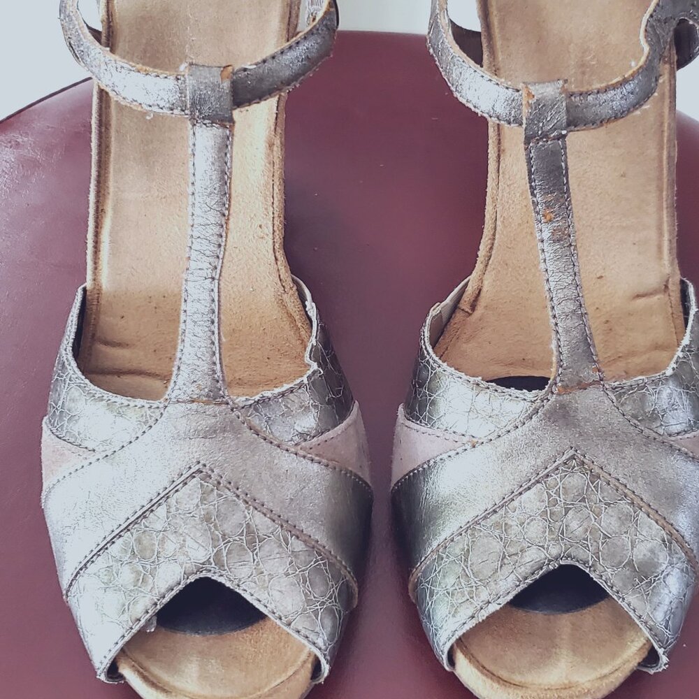 2-Toned, Silver Open-Toe Wedged Shoes